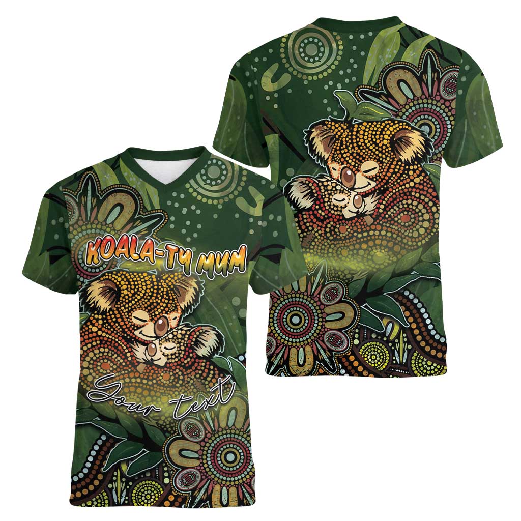 Personalised Koala Mum Australia Mother's Day Women V-Neck T-Shirt Aboriginal Dot Art Floral Joey Hug