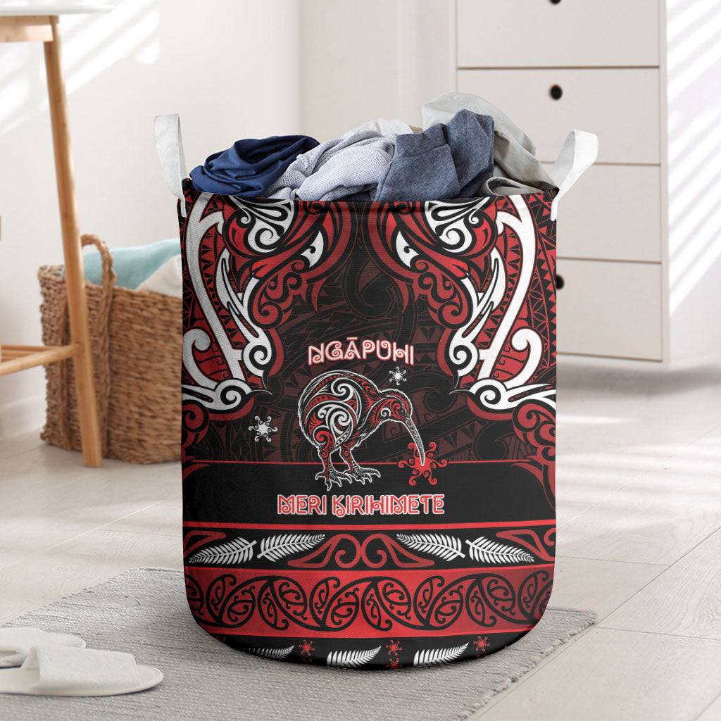 Ngapuhi Aotearoa Meri Kirihimete Laundry Basket Maori Kiwi Bird Silver Fern Koru Pattern