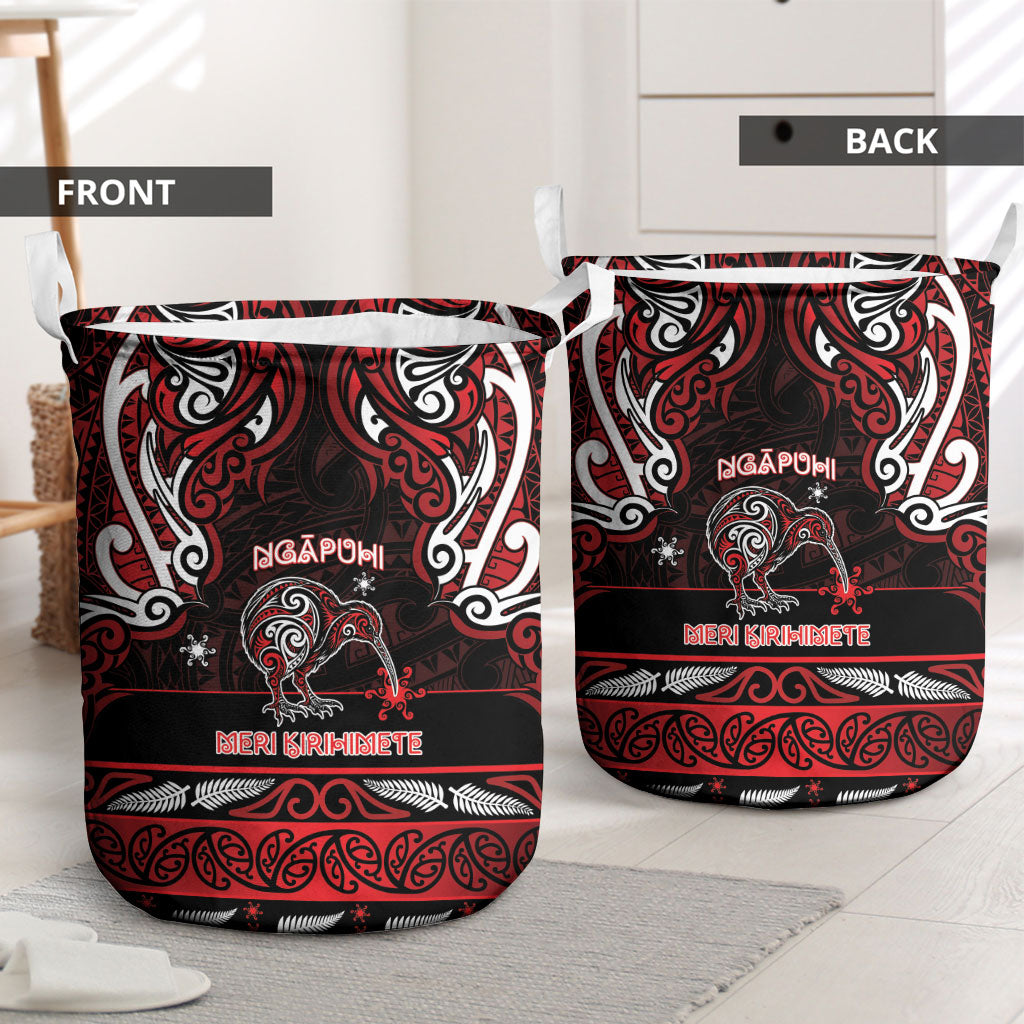 Ngapuhi Aotearoa Meri Kirihimete Laundry Basket Maori Kiwi Bird Silver Fern Koru Pattern