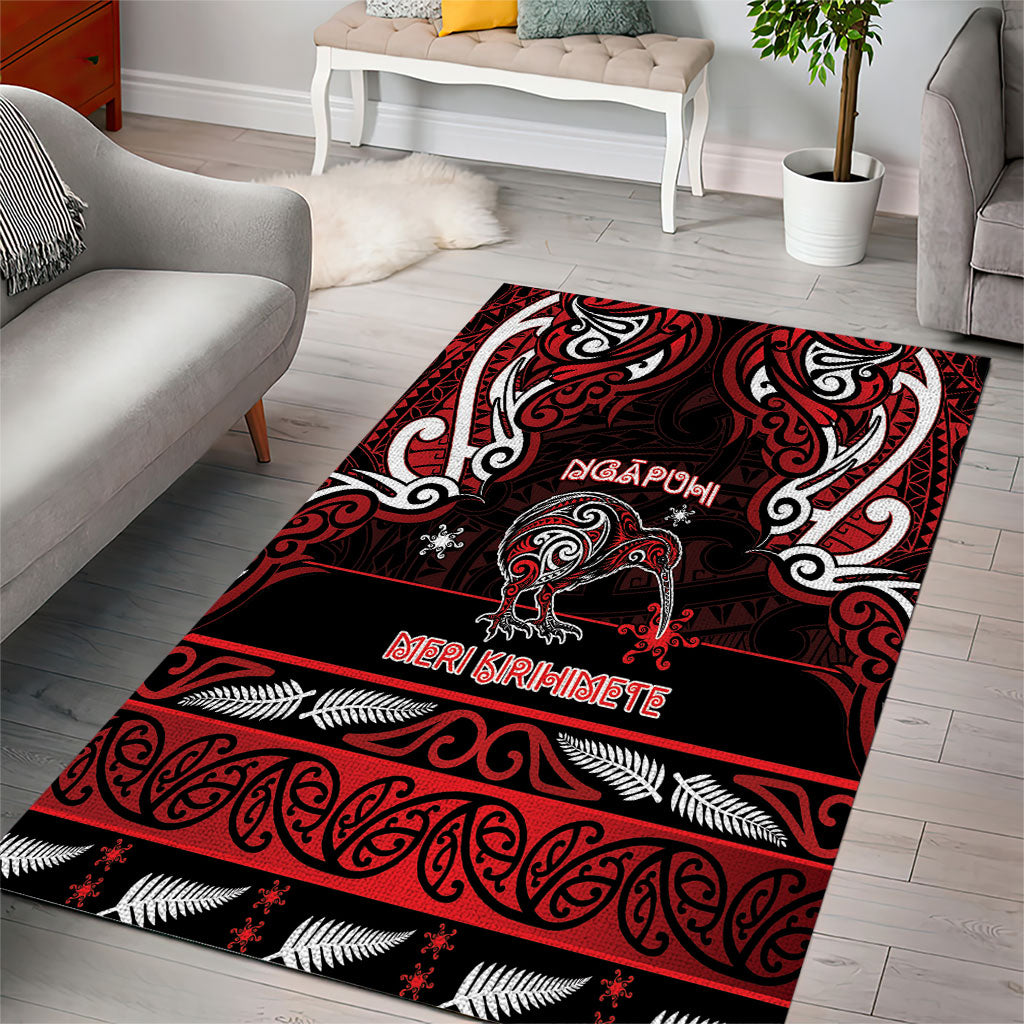 Ngapuhi Aotearoa Meri Kirihimete Area Rug Maori Kiwi Bird Silver Fern Koru Pattern