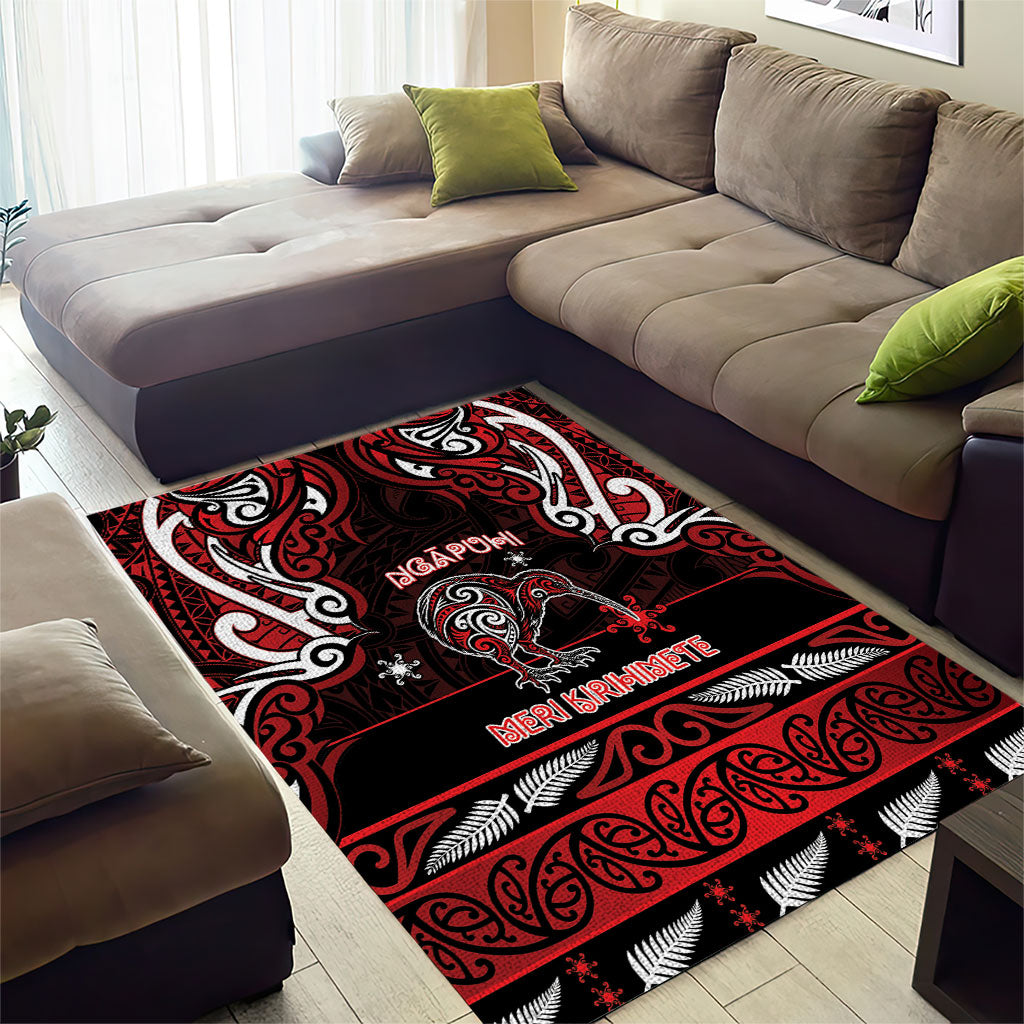 Ngapuhi Aotearoa Meri Kirihimete Area Rug Maori Kiwi Bird Silver Fern Koru Pattern
