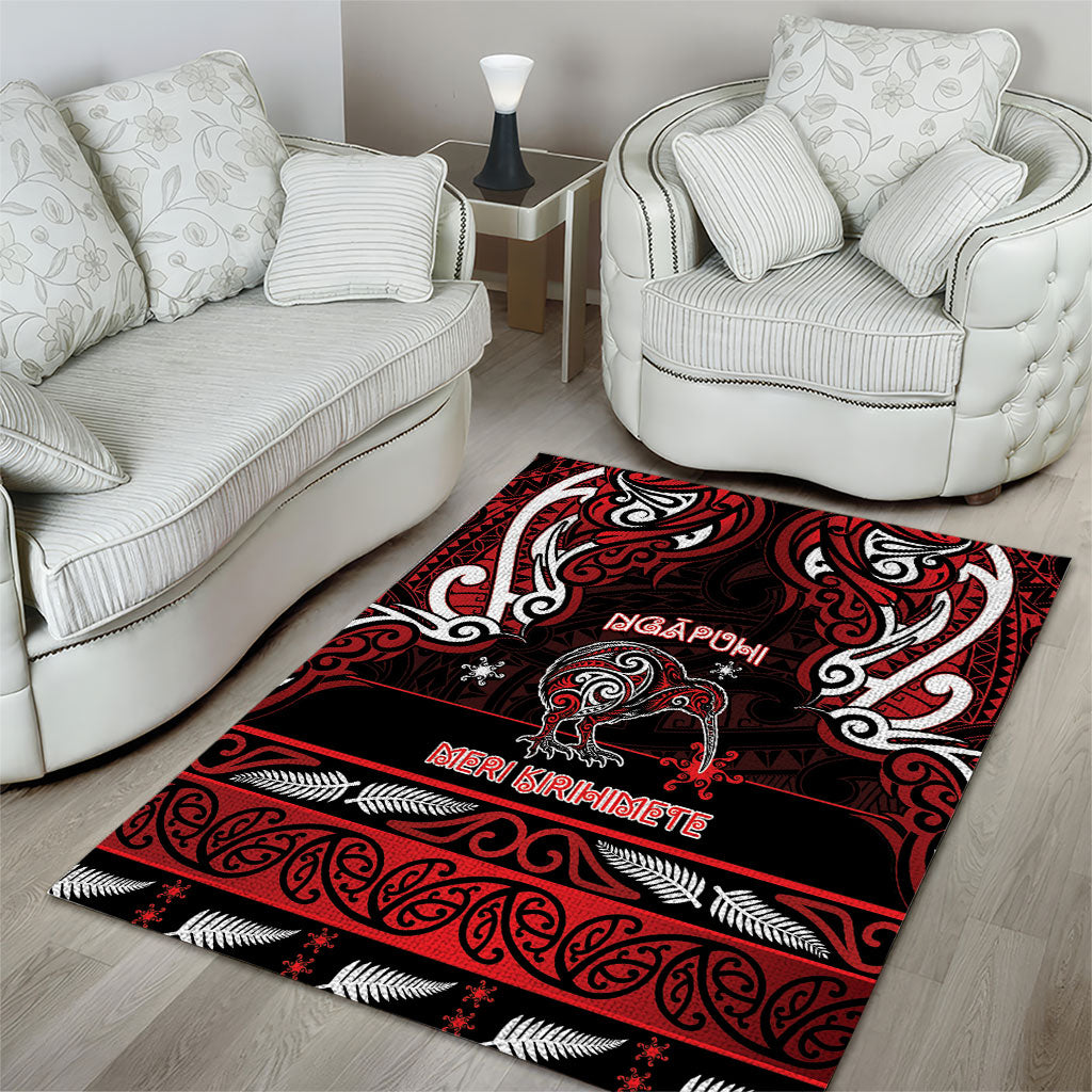 Ngapuhi Aotearoa Meri Kirihimete Area Rug Maori Kiwi Bird Silver Fern Koru Pattern