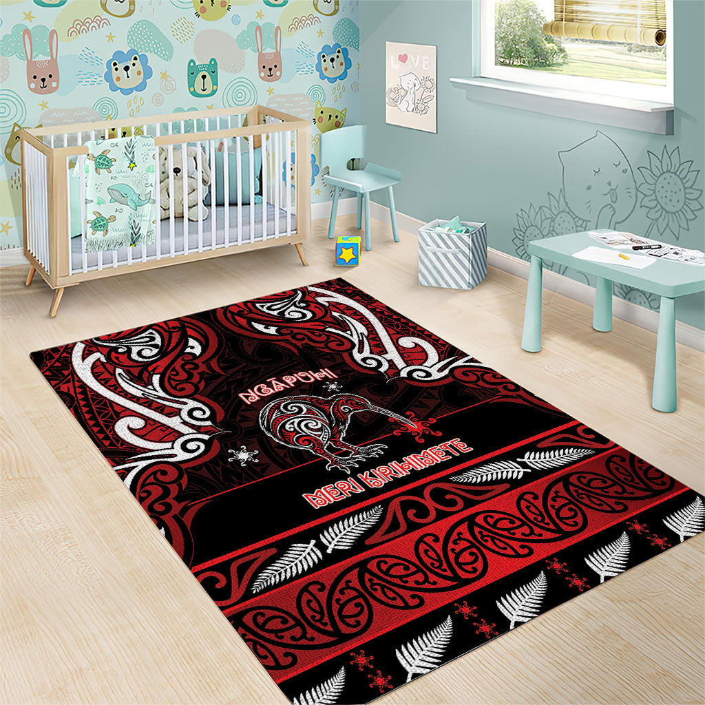 Ngapuhi Aotearoa Meri Kirihimete Area Rug Maori Kiwi Bird Silver Fern Koru Pattern