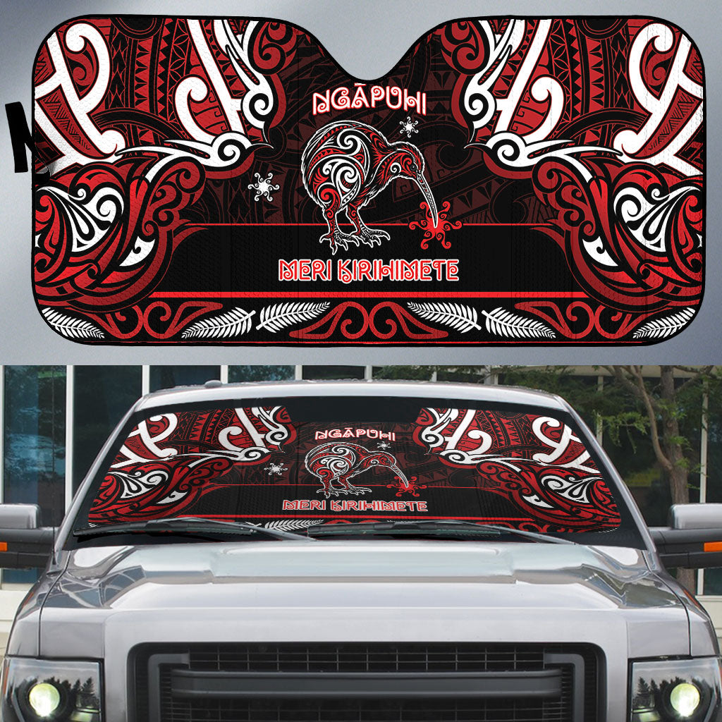 Ngapuhi Aotearoa Meri Kirihimete Auto Sun Shade Maori Kiwi Bird Silver Fern Koru Pattern