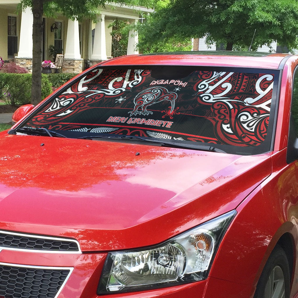 Ngapuhi Aotearoa Meri Kirihimete Auto Sun Shade Maori Kiwi Bird Silver Fern Koru Pattern