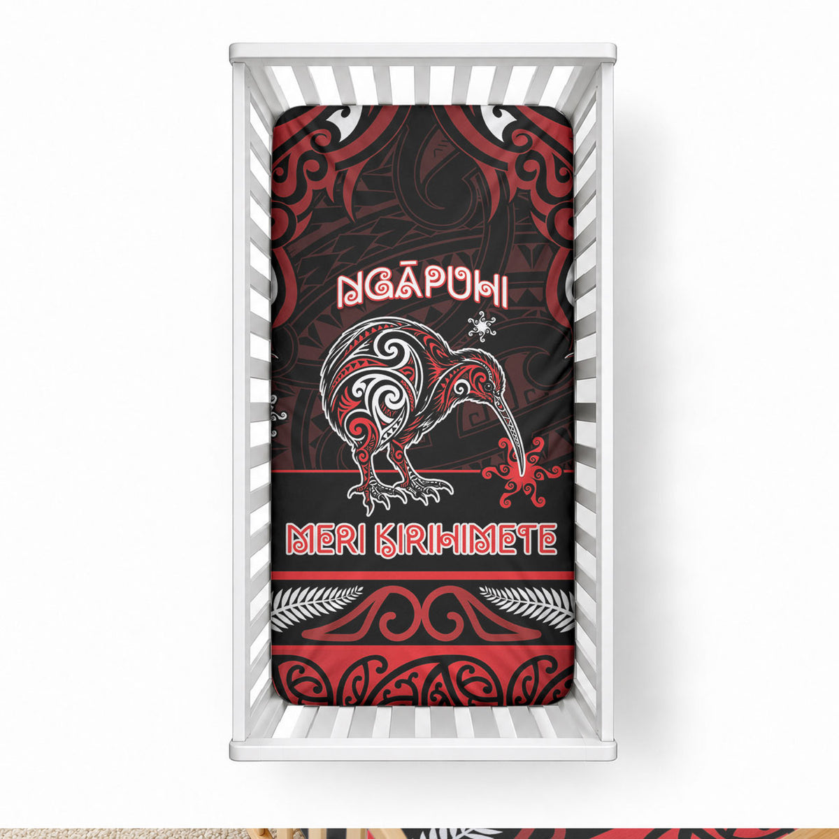 Ngapuhi Aotearoa Meri Kirihimete Baby Bed Cover Maori Kiwi Bird Silver Fern Koru Pattern