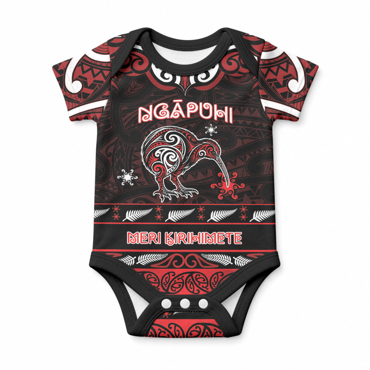 Personalised Ngapuhi Aotearoa Meri Kirihimete Baby Onesie Maori Kiwi Bird Silver Fern Koru Pattern