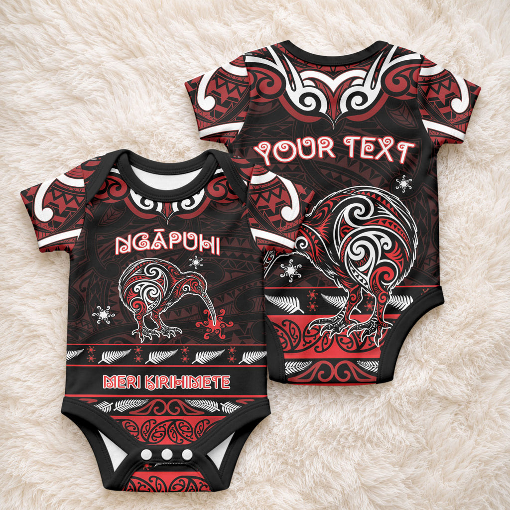 Personalised Ngapuhi Aotearoa Meri Kirihimete Baby Onesie Maori Kiwi Bird Silver Fern Koru Pattern