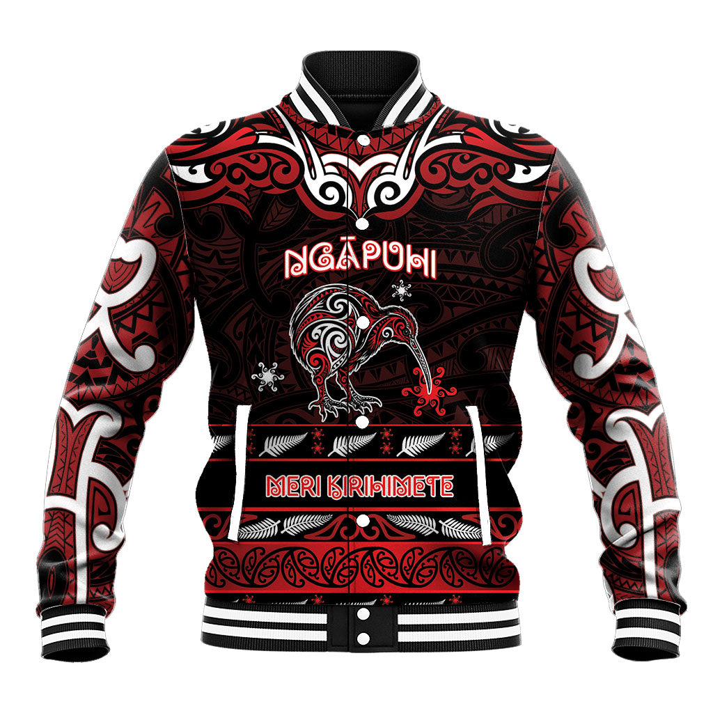 Personalised Ngapuhi Aotearoa Meri Kirihimete Baseball Jacket Maori Kiwi Bird Silver Fern Koru Pattern