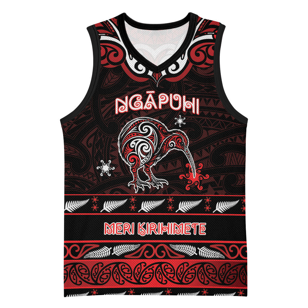 Personalised Ngapuhi Aotearoa Meri Kirihimete Basketball Jersey Maori Kiwi Bird Silver Fern Koru Pattern