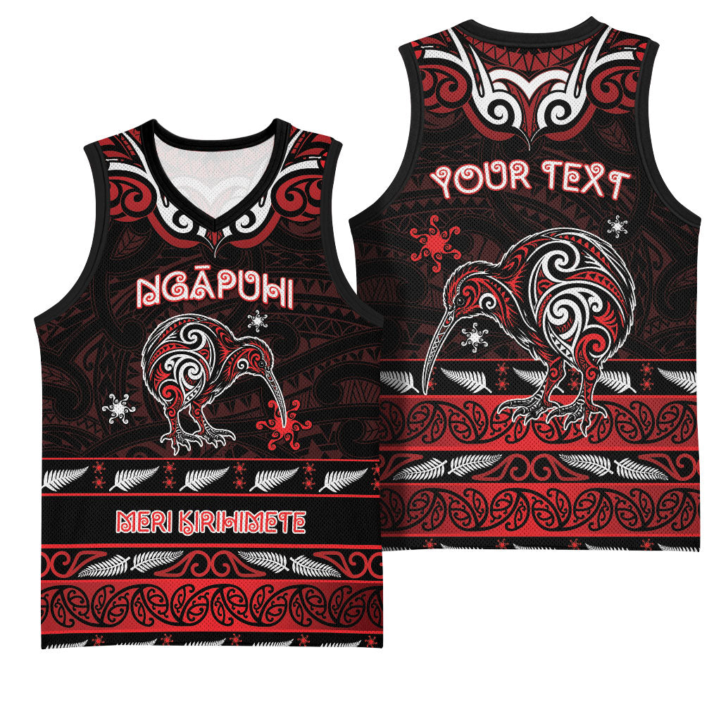 Personalised Ngapuhi Aotearoa Meri Kirihimete Basketball Jersey Maori Kiwi Bird Silver Fern Koru Pattern