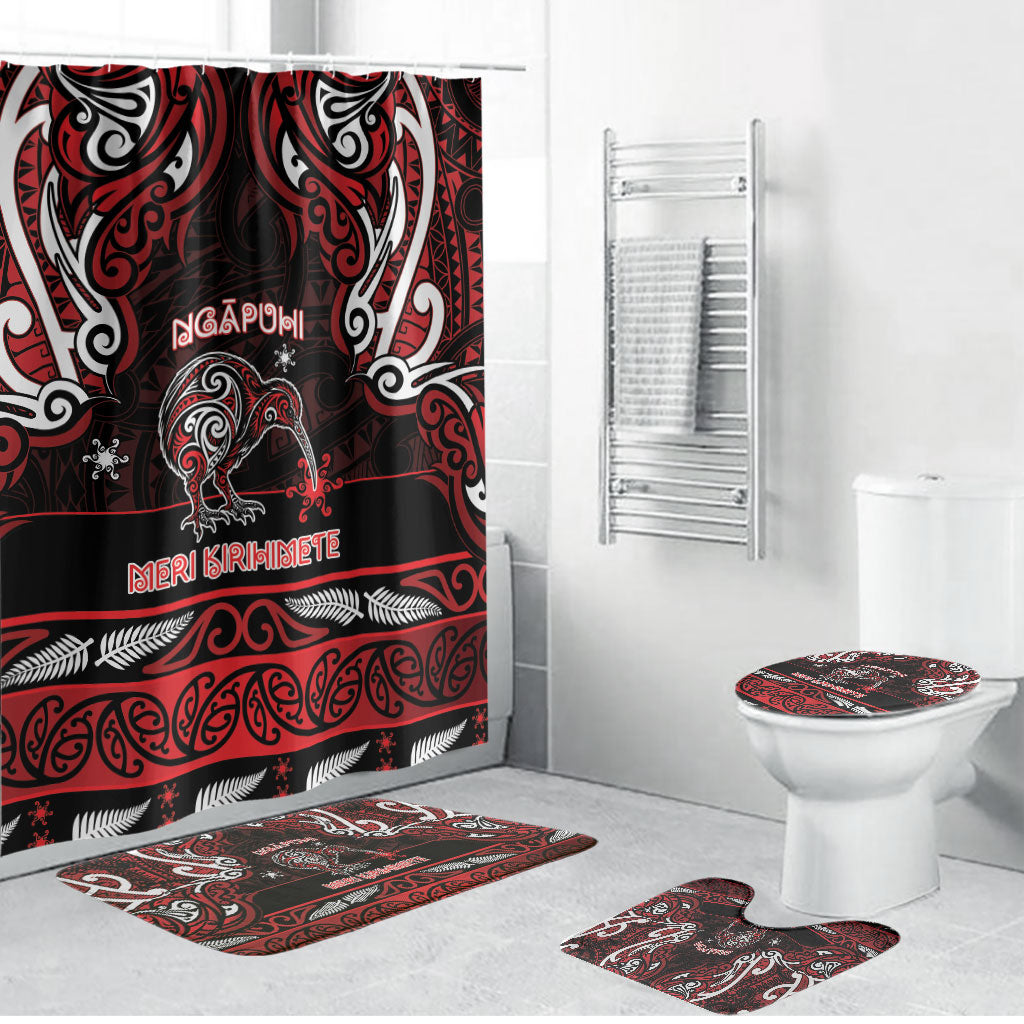 Ngapuhi Aotearoa Meri Kirihimete Bathroom Set Maori Kiwi Bird Silver Fern Koru Pattern
