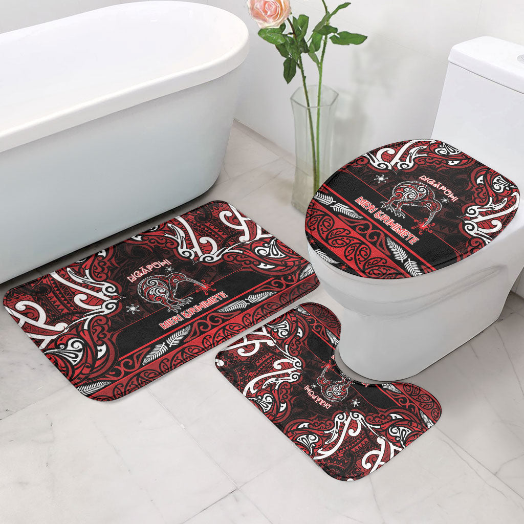 Ngapuhi Aotearoa Meri Kirihimete Bathroom Set Maori Kiwi Bird Silver Fern Koru Pattern