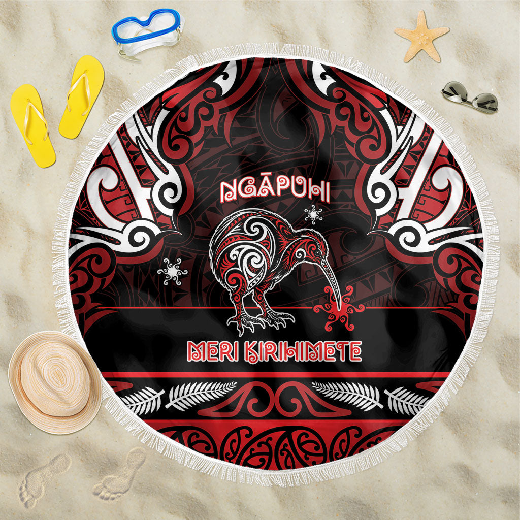 Ngapuhi Aotearoa Meri Kirihimete Beach Blanket Maori Kiwi Bird Silver Fern Koru Pattern