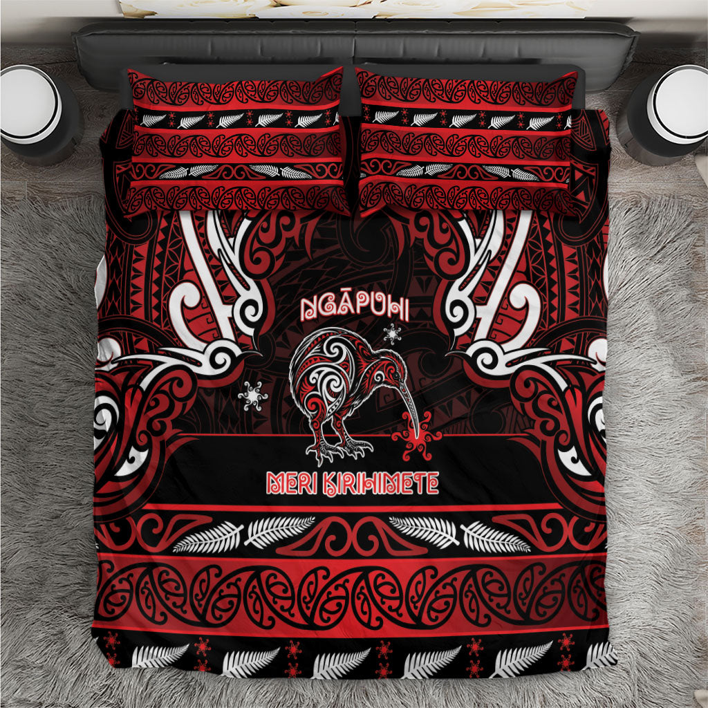 Ngapuhi Aotearoa Meri Kirihimete Bedding Set Maori Kiwi Bird Silver Fern Koru Pattern