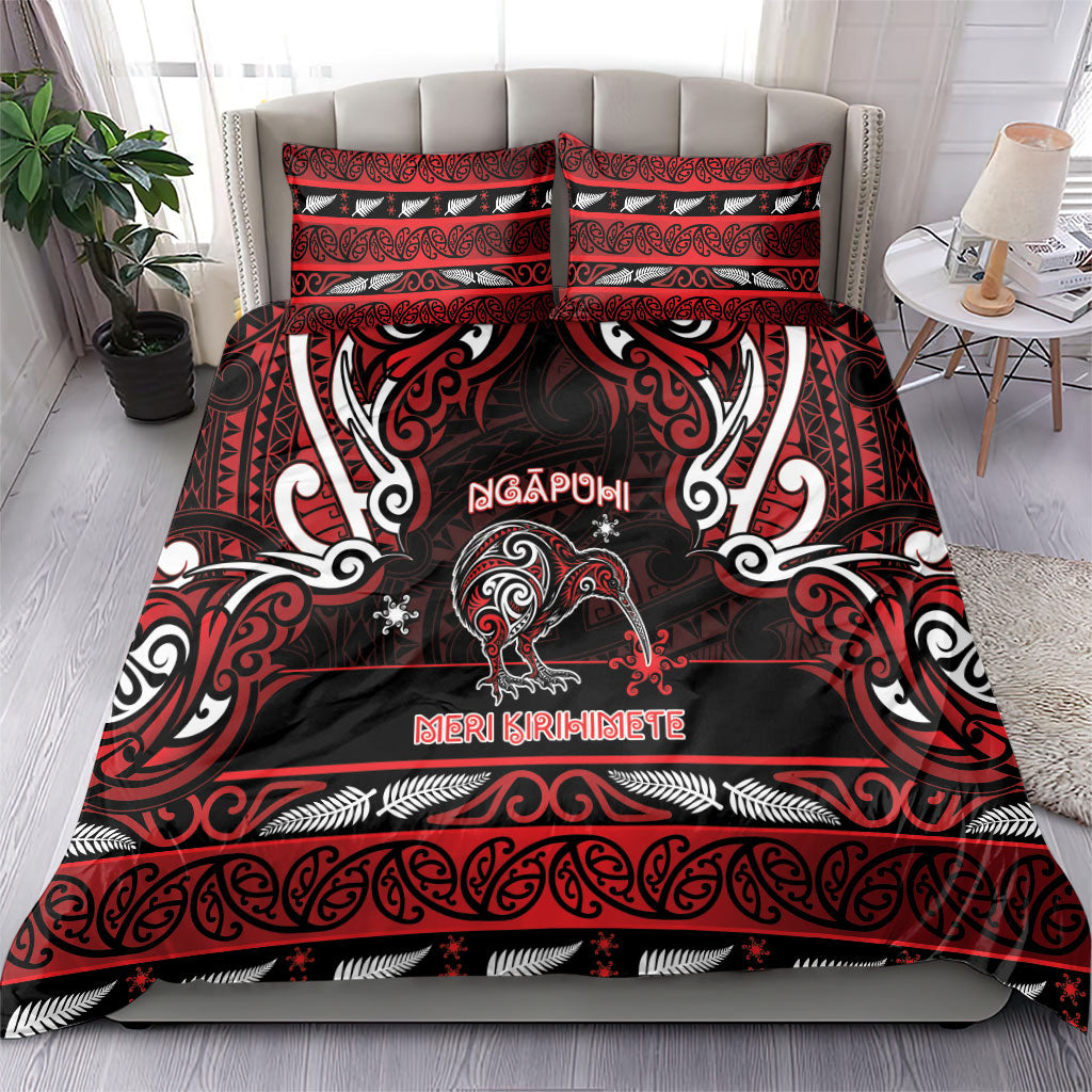 Ngapuhi Aotearoa Meri Kirihimete Bedding Set Maori Kiwi Bird Silver Fern Koru Pattern