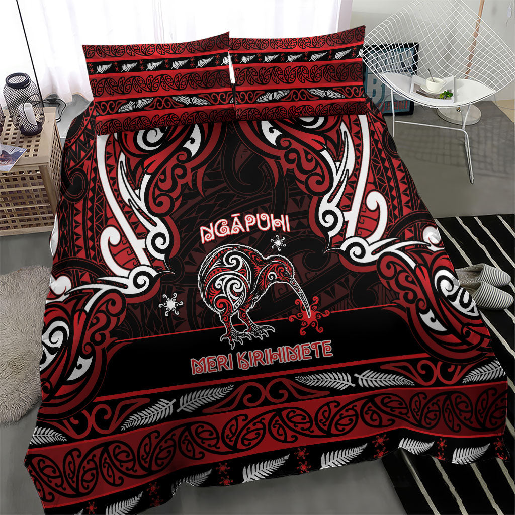 Ngapuhi Aotearoa Meri Kirihimete Bedding Set Maori Kiwi Bird Silver Fern Koru Pattern