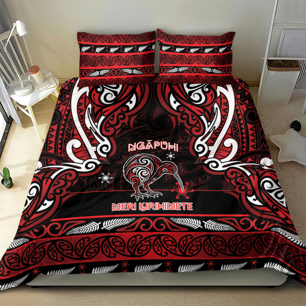 Ngapuhi Aotearoa Meri Kirihimete Bedding Set Maori Kiwi Bird Silver Fern Koru Pattern