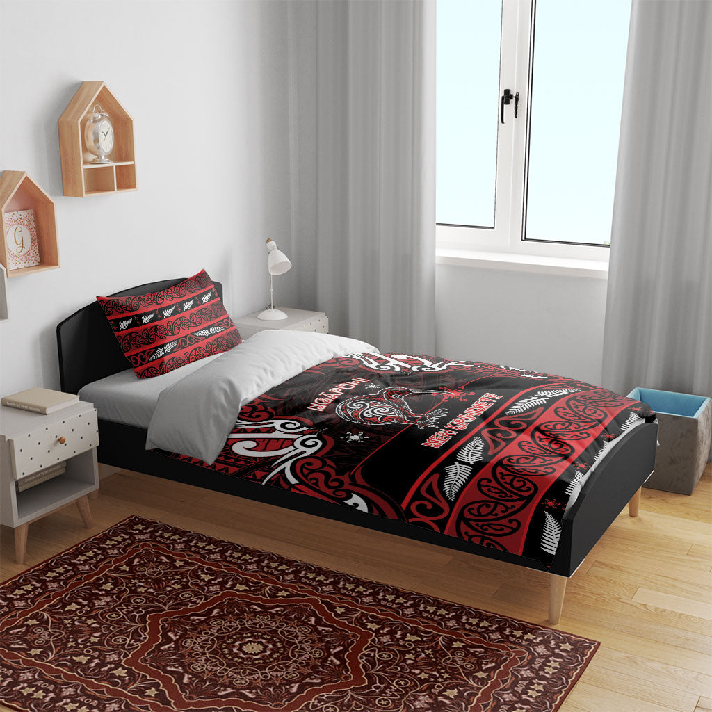 Ngapuhi Aotearoa Meri Kirihimete Bedding Set Maori Kiwi Bird Silver Fern Koru Pattern