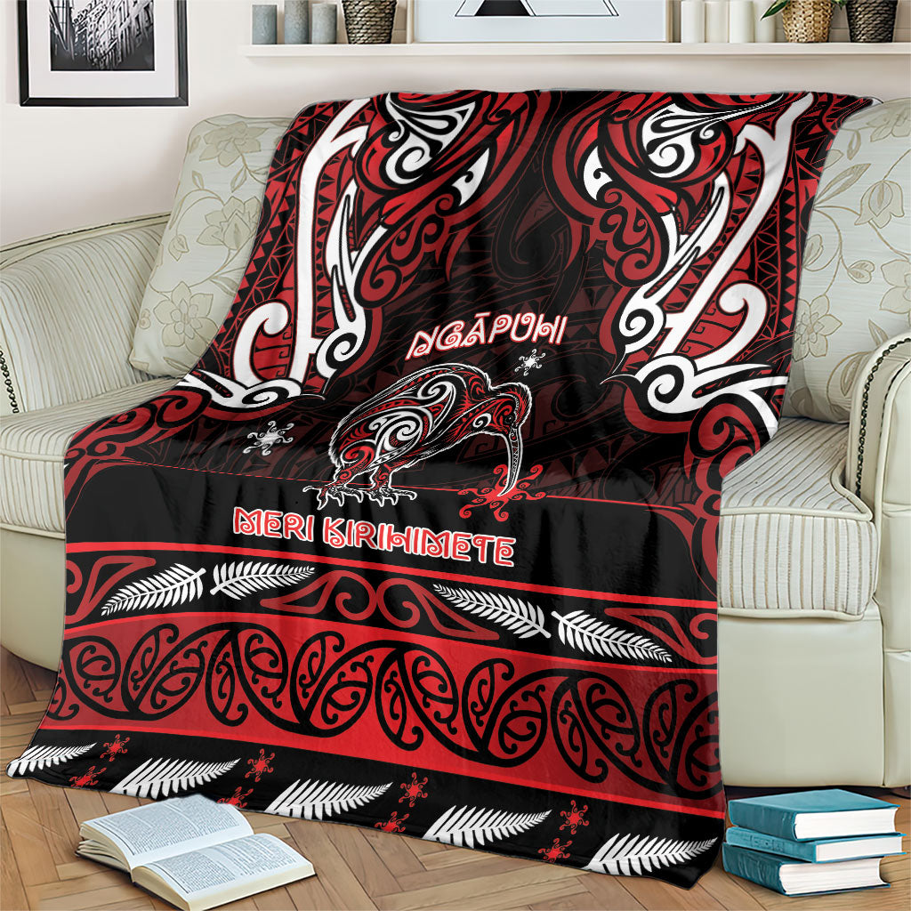 Ngapuhi Aotearoa Meri Kirihimete Blanket Maori Kiwi Bird Silver Fern Koru Pattern