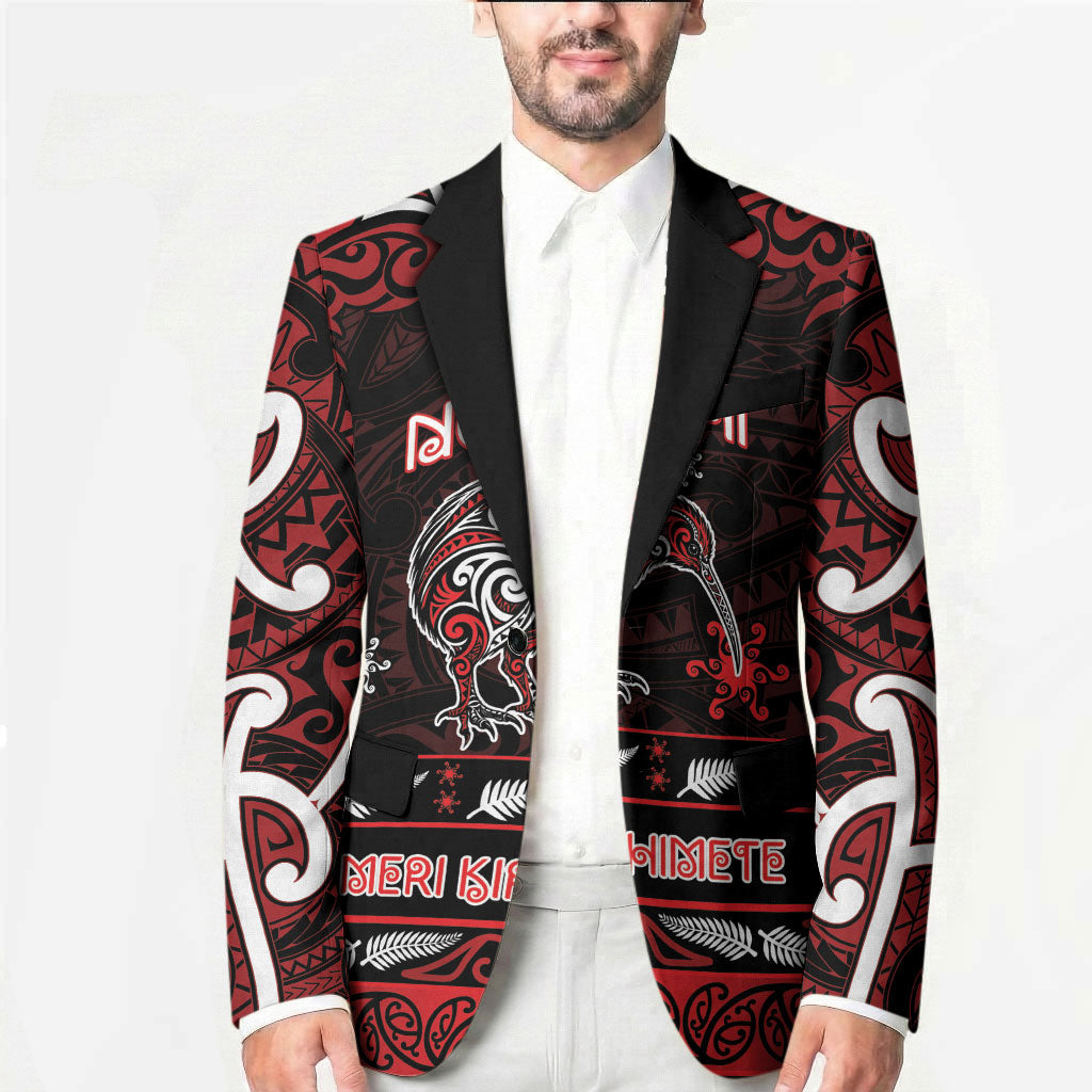 Personalised Ngapuhi Aotearoa Meri Kirihimete Blazer Maori Kiwi Bird Silver Fern Koru Pattern