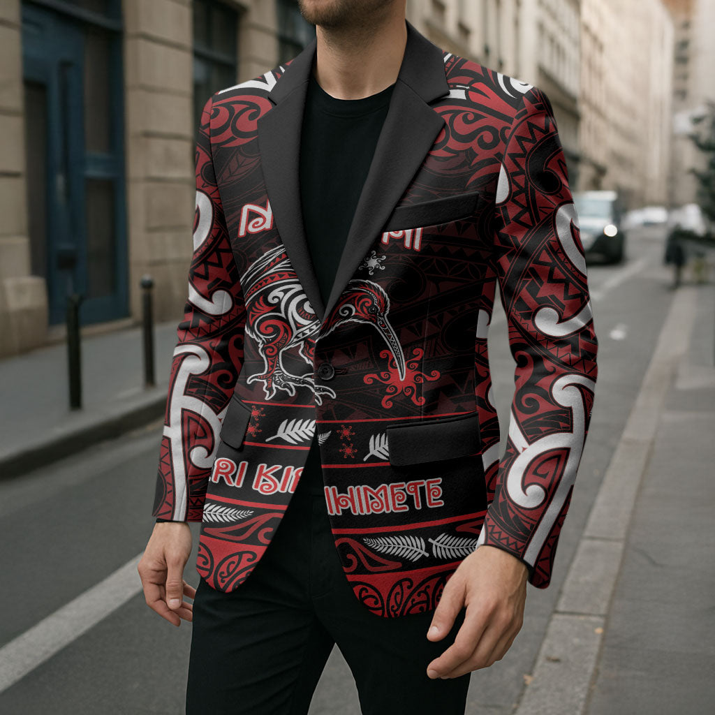 Personalised Ngapuhi Aotearoa Meri Kirihimete Blazer Maori Kiwi Bird Silver Fern Koru Pattern