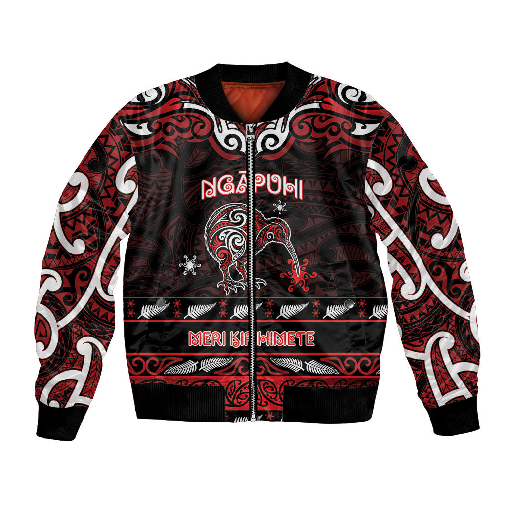 Personalised Ngapuhi Aotearoa Meri Kirihimete Bomber Jacket Maori Kiwi Bird Silver Fern Koru Pattern