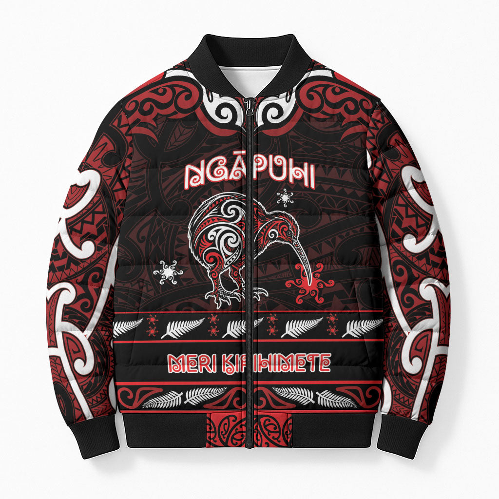 Personalised Ngapuhi Aotearoa Meri Kirihimete Bomber Puffer Jacket Maori Kiwi Bird Silver Fern Koru Pattern