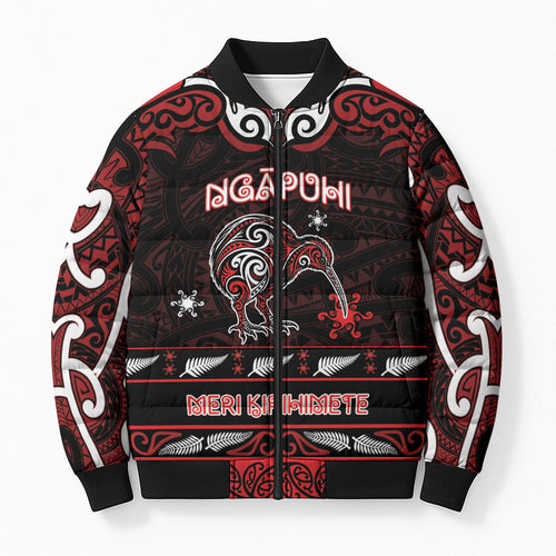Personalised Ngapuhi Aotearoa Meri Kirihimete Bomber Puffer Jacket Maori Kiwi Bird Silver Fern Koru Pattern
