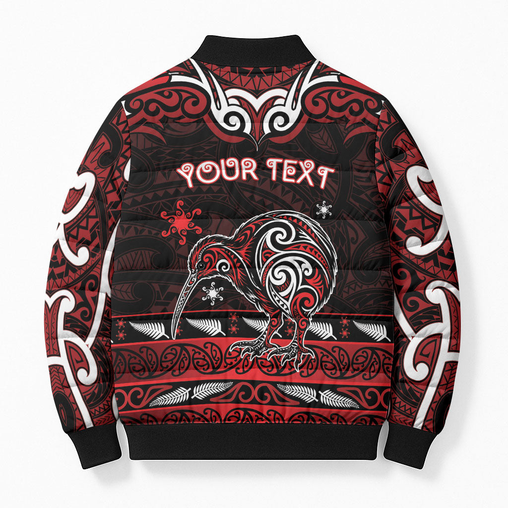 Personalised Ngapuhi Aotearoa Meri Kirihimete Bomber Puffer Jacket Maori Kiwi Bird Silver Fern Koru Pattern