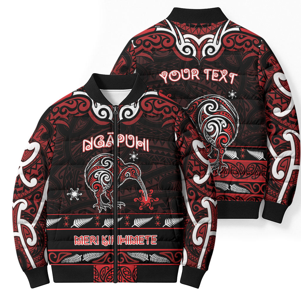 Personalised Ngapuhi Aotearoa Meri Kirihimete Bomber Puffer Jacket Maori Kiwi Bird Silver Fern Koru Pattern