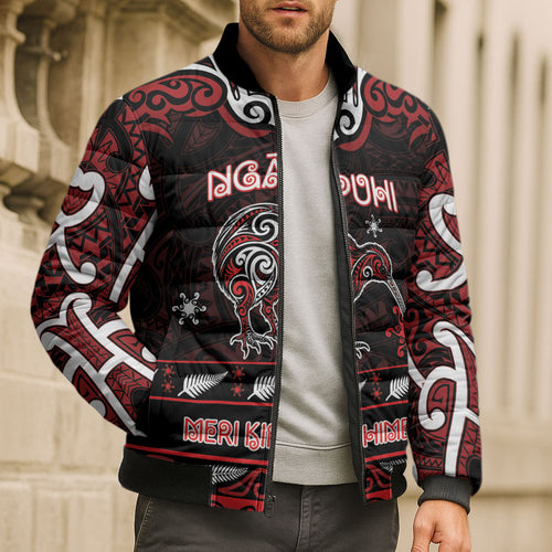 Personalised Ngapuhi Aotearoa Meri Kirihimete Bomber Puffer Jacket Maori Kiwi Bird Silver Fern Koru Pattern