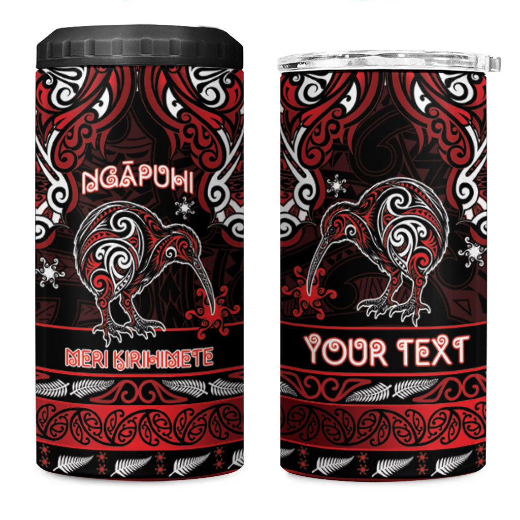 Personalised Ngapuhi Aotearoa Meri Kirihimete 4 in 1 Can Cooler Tumbler Maori Kiwi Bird Silver Fern Koru Pattern
