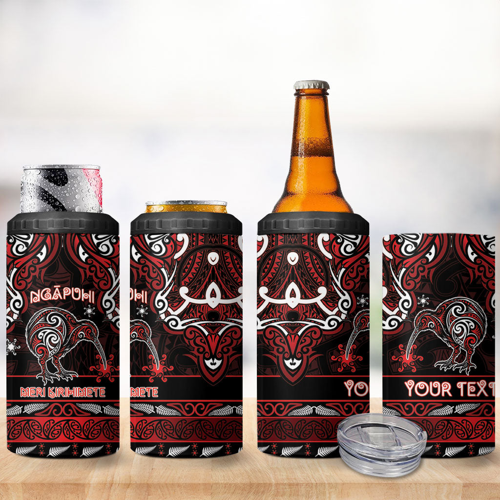 Personalised Ngapuhi Aotearoa Meri Kirihimete 4 in 1 Can Cooler Tumbler Maori Kiwi Bird Silver Fern Koru Pattern