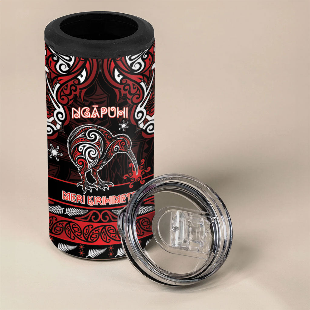 Personalised Ngapuhi Aotearoa Meri Kirihimete 4 in 1 Can Cooler Tumbler Maori Kiwi Bird Silver Fern Koru Pattern