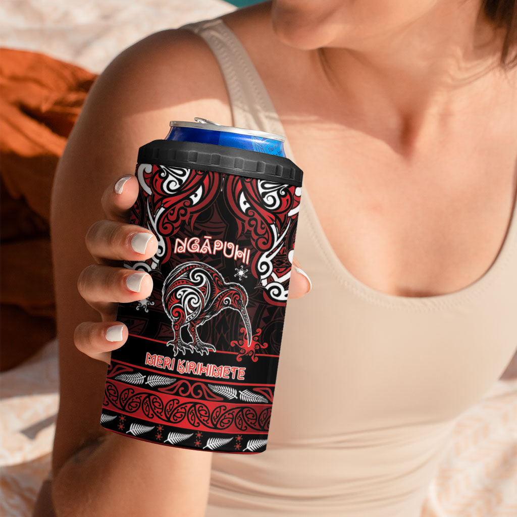 Personalised Ngapuhi Aotearoa Meri Kirihimete 4 in 1 Can Cooler Tumbler Maori Kiwi Bird Silver Fern Koru Pattern
