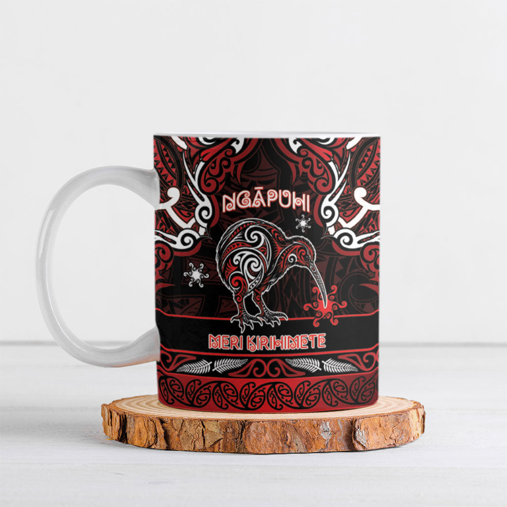 Personalised Ngapuhi Aotearoa Meri Kirihimete Ceramic Mug Maori Kiwi Bird Silver Fern Koru Pattern