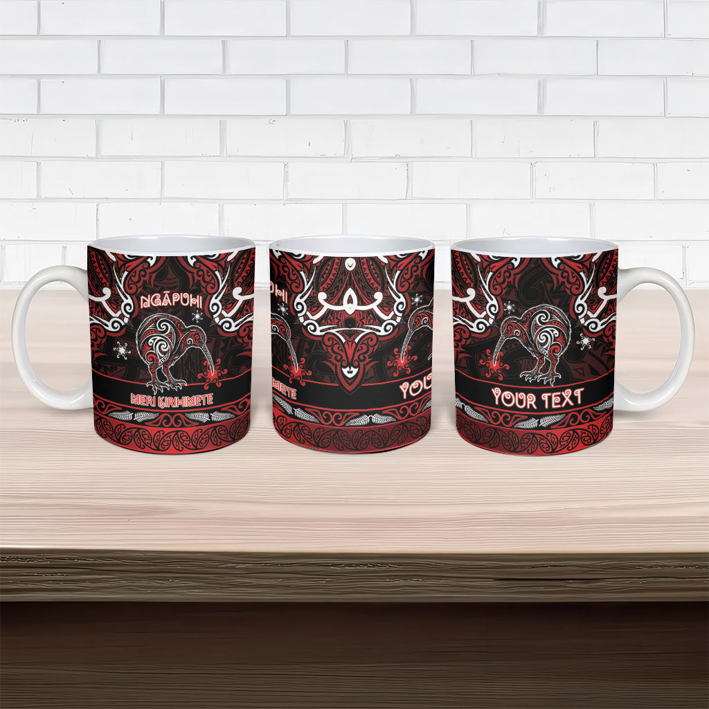 Personalised Ngapuhi Aotearoa Meri Kirihimete Ceramic Mug Maori Kiwi Bird Silver Fern Koru Pattern