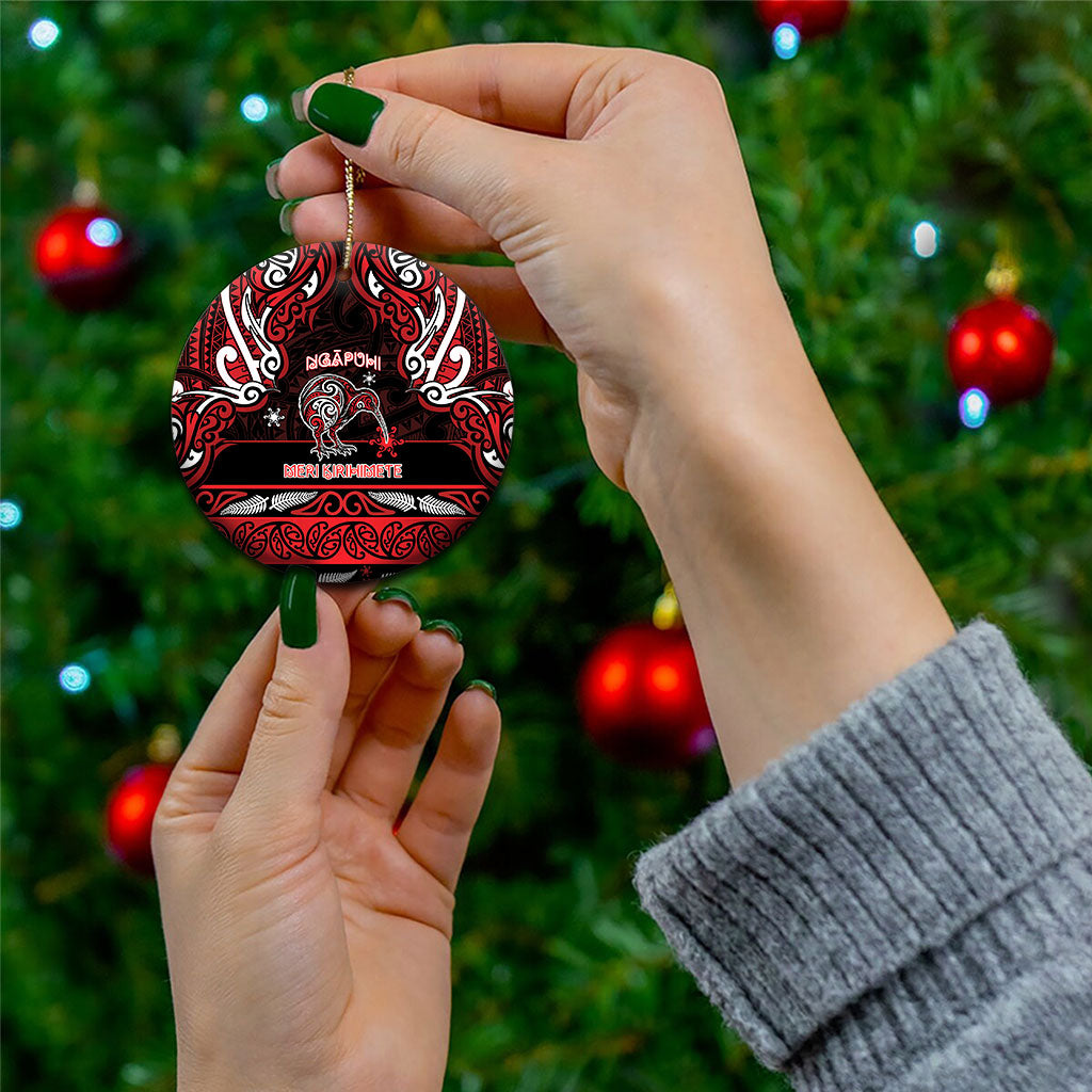 Personalised Ngapuhi Aotearoa Meri Kirihimete Ceramic Ornament Maori Kiwi Bird Silver Fern Koru Pattern