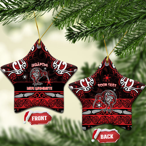 Personalised Ngapuhi Aotearoa Meri Kirihimete Ceramic Ornament Maori Kiwi Bird Silver Fern Koru Pattern
