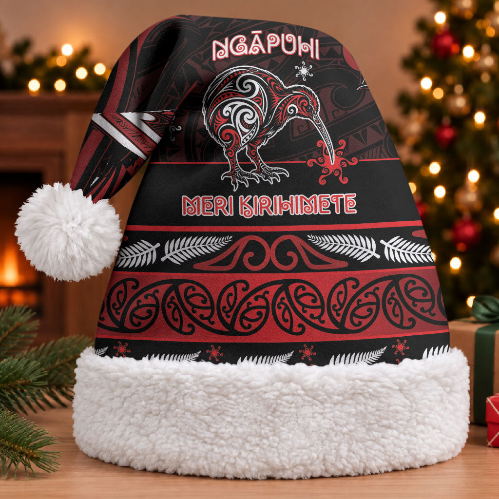 Personalised Ngapuhi Aotearoa Meri Kirihimete Christmas Santa Hat Maori Kiwi Bird Silver Fern Koru Pattern