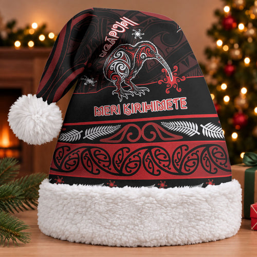 Personalised Ngapuhi Aotearoa Meri Kirihimete Christmas Santa Hat Maori Kiwi Bird Silver Fern Koru Pattern