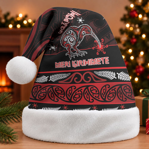 Personalised Ngapuhi Aotearoa Meri Kirihimete Christmas Santa Hat Maori Kiwi Bird Silver Fern Koru Pattern