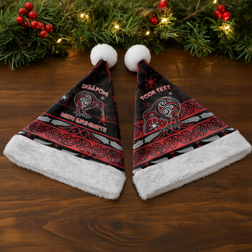 Personalised Ngapuhi Aotearoa Meri Kirihimete Christmas Santa Hat Maori Kiwi Bird Silver Fern Koru Pattern