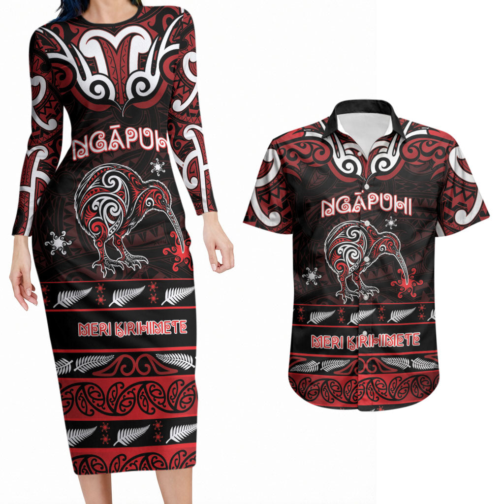 Personalised Ngapuhi Aotearoa Meri Kirihimete Couples Matching Long Sleeve Bodycon Dress and Hawaiian Shirt Maori Kiwi Bird Silver Fern Koru Pattern