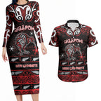 Personalised Ngapuhi Aotearoa Meri Kirihimete Couples Matching Long Sleeve Bodycon Dress and Hawaiian Shirt Maori Kiwi Bird Silver Fern Koru Pattern