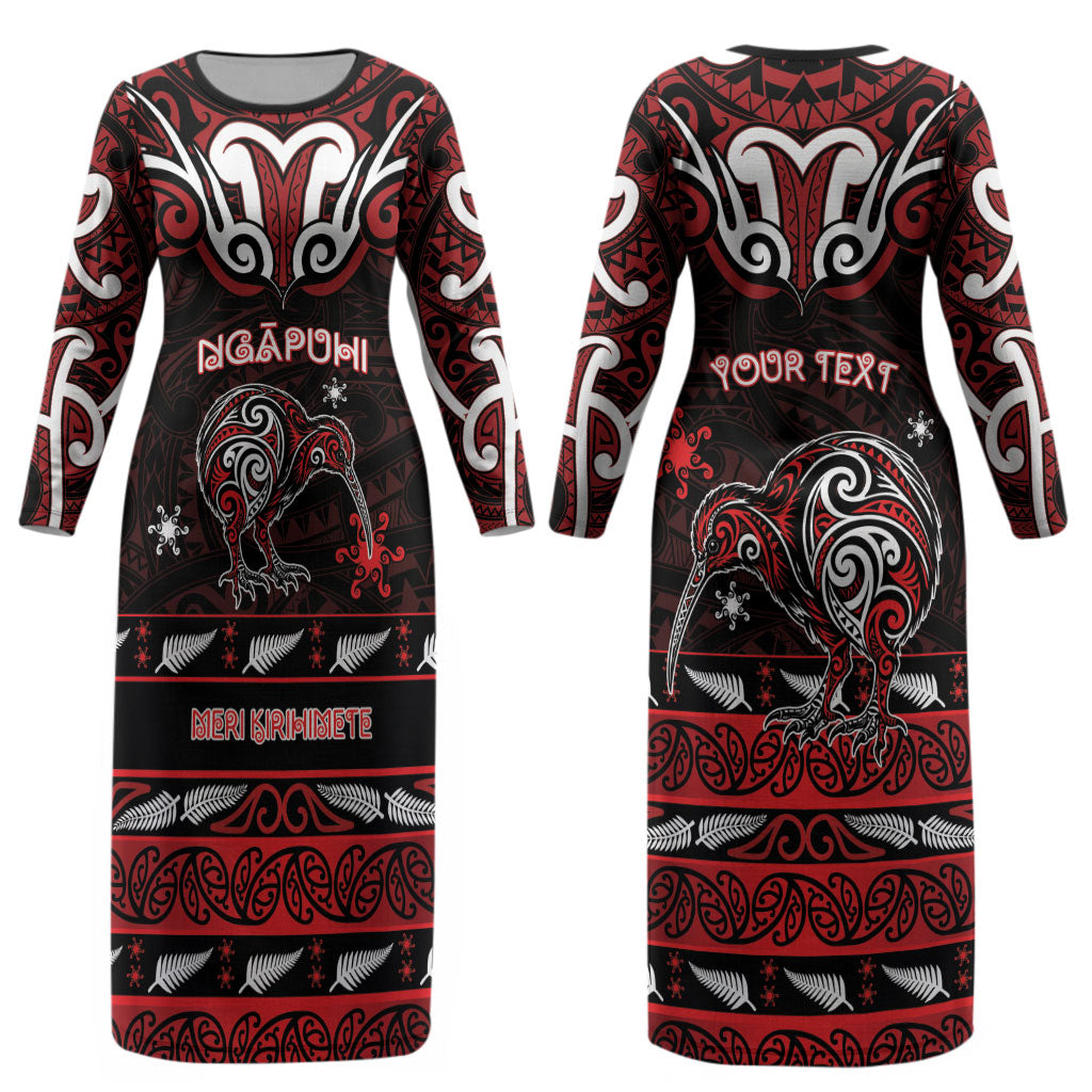 Personalised Ngapuhi Aotearoa Meri Kirihimete Couples Matching Long Sleeve Bodycon Dress and Hawaiian Shirt Maori Kiwi Bird Silver Fern Koru Pattern