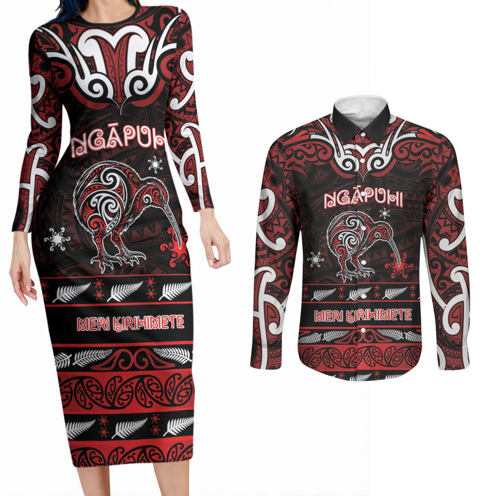 Personalised Ngapuhi Aotearoa Meri Kirihimete Couples Matching Long Sleeve Bodycon Dress and Long Sleeve Button Shirt Maori Kiwi Bird Silver Fern Koru Pattern