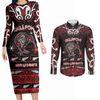 Personalised Ngapuhi Aotearoa Meri Kirihimete Couples Matching Long Sleeve Bodycon Dress and Long Sleeve Button Shirt Maori Kiwi Bird Silver Fern Koru Pattern