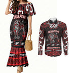 Personalised Ngapuhi Aotearoa Meri Kirihimete Couples Matching Mermaid Dress and Long Sleeve Button Shirt Maori Kiwi Bird Silver Fern Koru Pattern